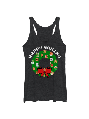 Women's Nintendo Christmas Happy Gaming Wreath Racerback Tank Top