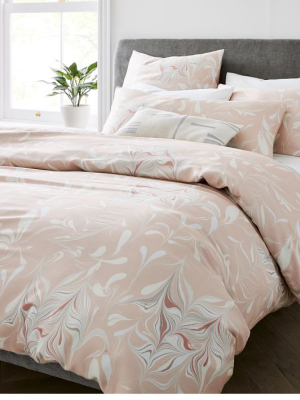 Tencel™ Feathered Marble Duvet Cover & Shams - Misty Rose