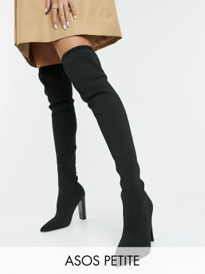 Asos Design Petite Kudos Knitted Block Heel Thigh-high Boots In Black