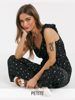 Miss Selfridge Petite Lace Up Floral Print Jumpsuit In Black