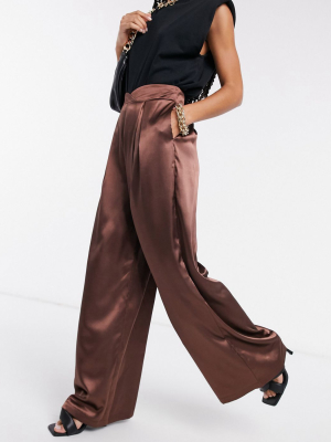 Flounce London Pleated Wide Leg Satin Pants In Chocolate Brown