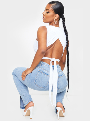 White Rib Tie Cross Back Crop Top