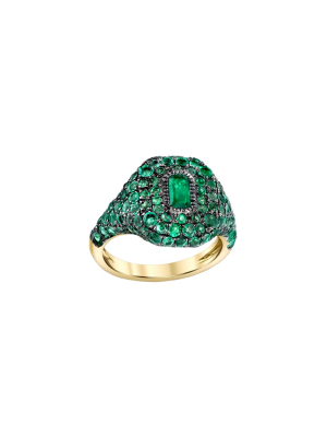 Pave Baguette Emerald Pinky Ring - Gold