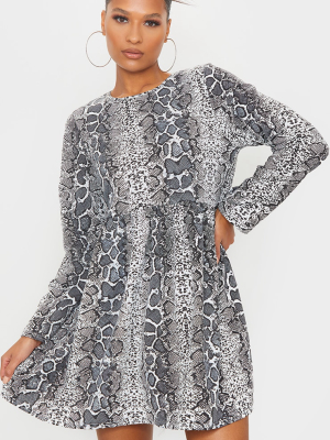 Grey Snake Print Long Sleeve Smock Dress