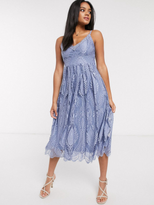 Vila Midi Cami Dress In Blue Lace