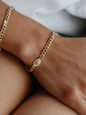 14k Medium Curb Chain Bracelet With Marquise Diamond And Pave Halo