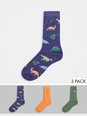 Asos Design Ankle Socks With Dinosaur Embroidery 3-pack