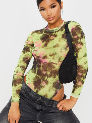 Multi Long Sleeve High Neck Mesh Tie Dye Bodysuit