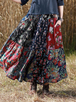 Retro Splicing Cloth Flower Printed Floral Skirt