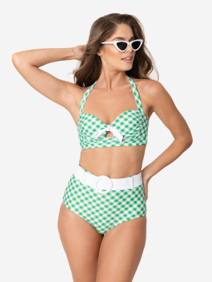 Unique Vintage Green & White Gingham Belted Retro Redondo Swim Bottoms