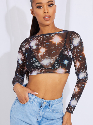 Black Star Mesh Long Sleeve Crop Top