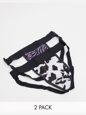 Asos Design 2 Pack Jock Straps In Fun Animal Print