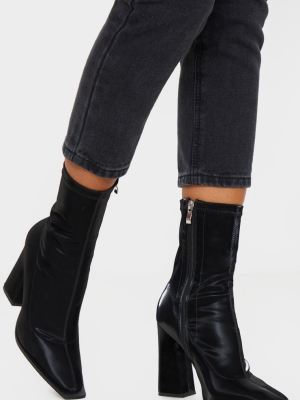 Black Square Toe Block Heel Ankle Sock Boot