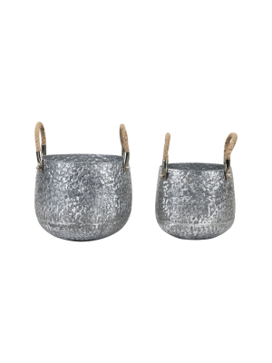 Set Of 2 Hammererd Metal Decorative Storage Bins With Rope Handles - Foreside Home & Garden
