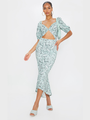 Green Jacquard Print Twist Detail Puff Sleeve...