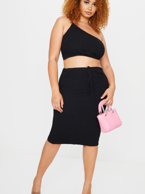 Plus Black Woven Tie Wasit Midi Skirt