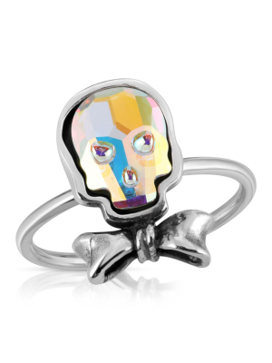 Opal Bowtie Skull Ring