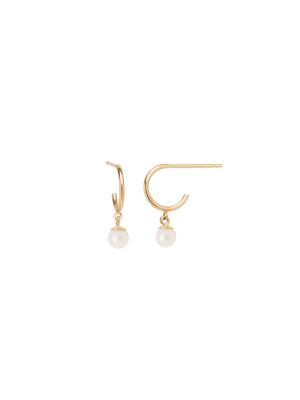 14k Dangling Pearl Huggie Hoops | June Birthstone