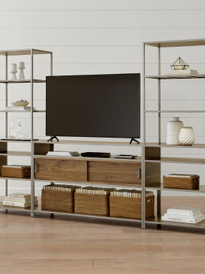 Knox Nickel Industrial Media Console With 2 Tall Open Bookcases