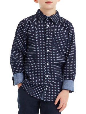 Boys' Navy Long-sleeve Square Print Button-down Shirt (sizes 4-7)