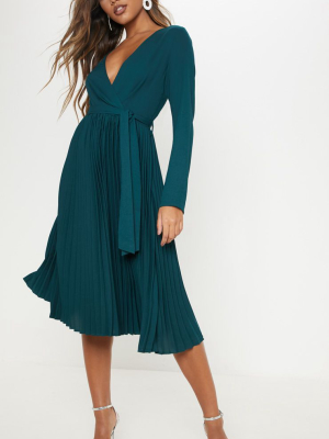 Emerald Green Long Sleeve Pleated Midi Dress