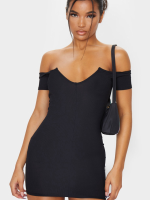 Black Ribbed Plunge Bardot Bodycon Dress