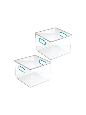 Mdesign Plastic Kitchen Pantry Food Storage Bin With Handles, 2 Pack - Clear/blue