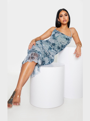 Shape Blue Tie Dye Mesh Cowl Ruched Midi Dress