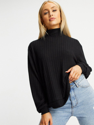 Loungeable Mix & Match Soft Knit Rib Oversized High Neck Sweater In Black