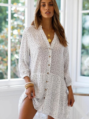 Casual Polka Dot Asymmetric Beach Shirt Dress