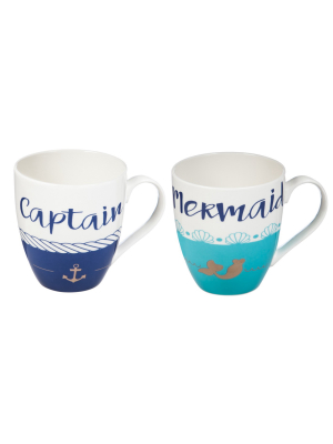 Evergreen Flag Ceramic Cup O' Java, 17 Oz, Captain & Mermaid Giftset Of 2