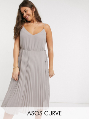 Asos Design Curve Pleated Cami Midi Dress With Drawstring Waist In Gray