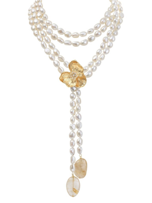 Orchid Lariat Necklace With Pearls, Rutilized Quartz And Diamonds