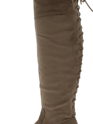 B3013h Khaki Rear Lace Up Over The Knee Boot