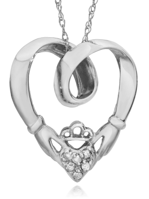 Pompeii3 Claddagh Diamond Pendant 10k White Gold