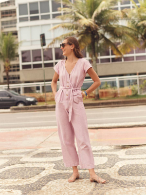 Linen-cotton Pleat-sleeve Jumpsuit