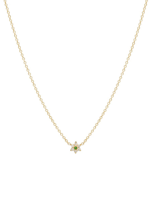 14k Gold Tiny Prong Set Flower Necklace With Diamond Petals And An Emerald Center