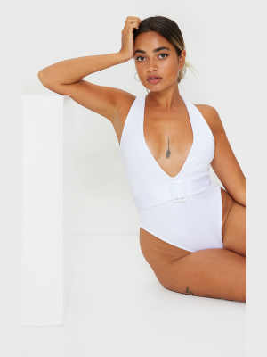 Petite White Plunge Buckle Belt Detail Swimsuit