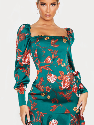 Emerald Green Floral Satin Long Sleeve Button...