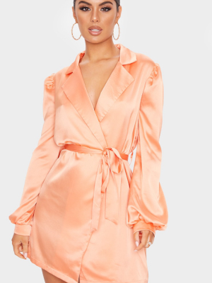 Orange Satin Long Balloon Sleeve Blazer Dress