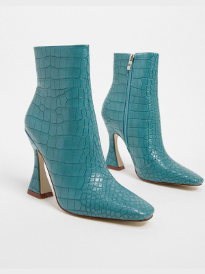 Raid Kate Flared Heel Ankle Boots In Blue Croc