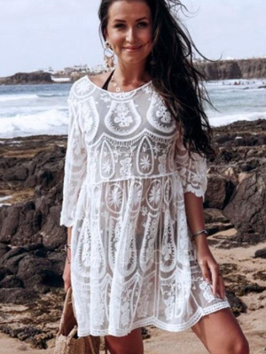 Paisley Lace Crochet Sleeved Sheer Tunic Cover Up