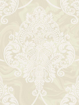 Puff Damask Wallpaper In Metallic And Off-white From The Casa Blanca Ii Collection By Seabrook Wallcoverings