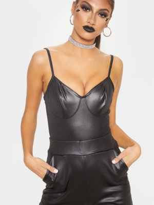 Tall Black Cup Detail Pu Bodysuit