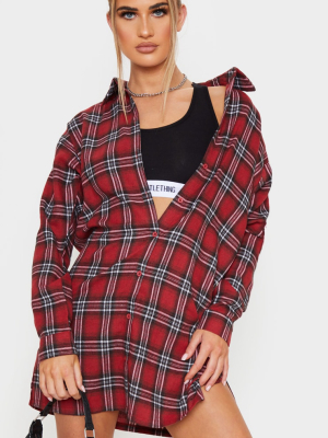 Red Oversized Split Hem Checked Shirt Dress