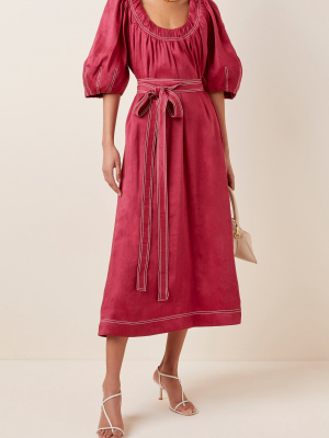 Rebellion Belted And Linen And Silk-blend Midi Dress