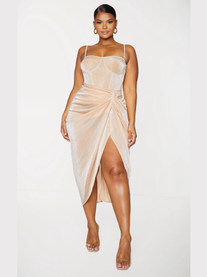 Plus Champagne Glitter Ruched Side Midi Skirt