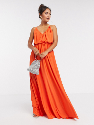 Asos Design Cami Plunge Maxi Dress With Blouson Top In Orange