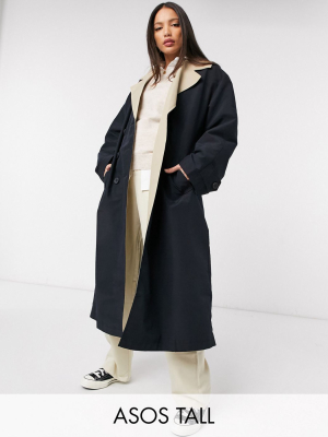 Asos Design Tall Contrast Trench Coat In Black And Stone