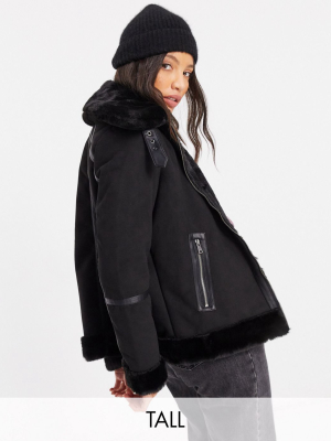 Only Tall Aviator Coat With Faux Fur Collar In Black